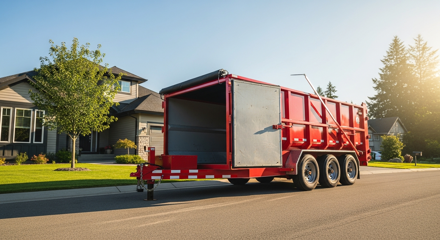 Heavy duty dump trailer parked outside a home