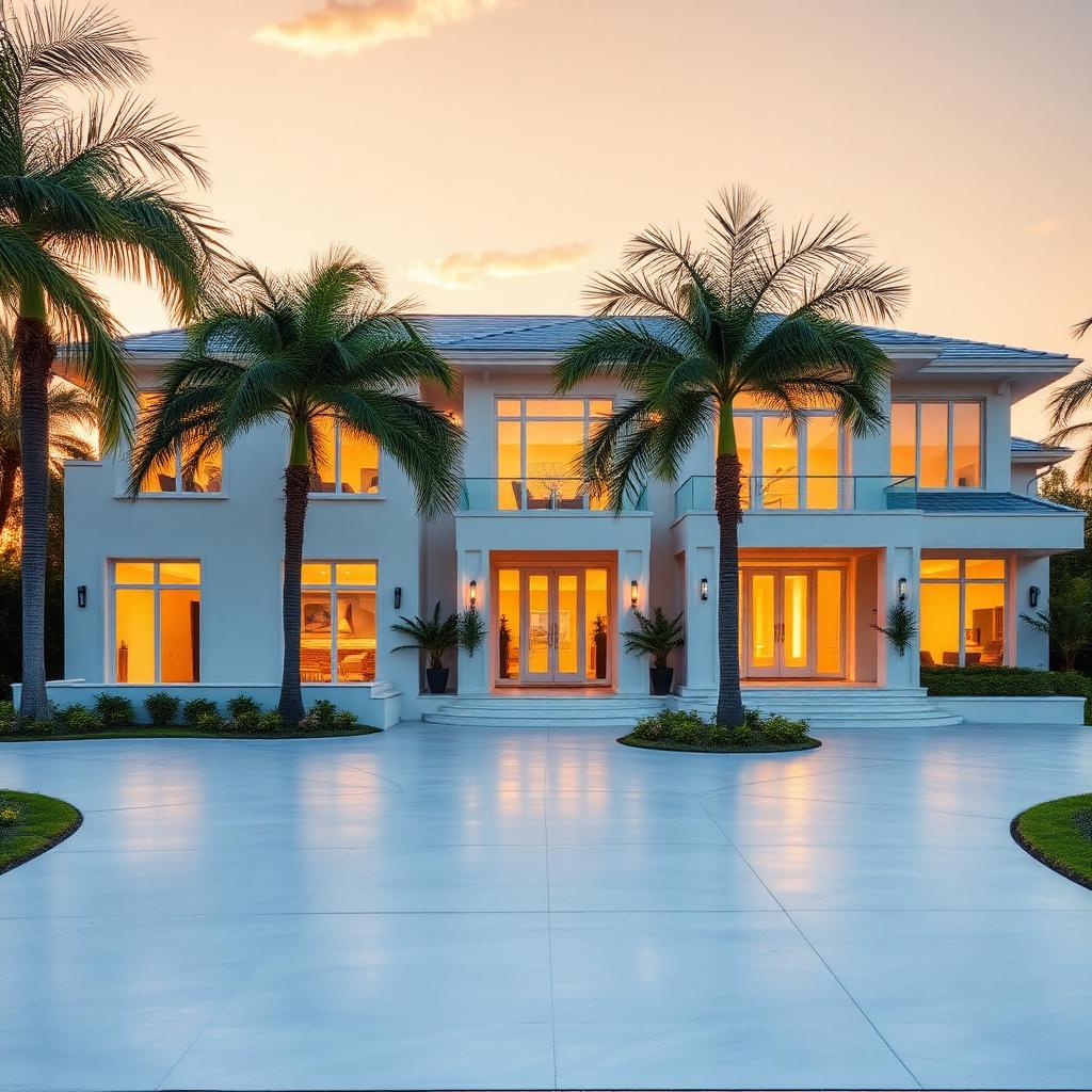 Pristine luxury Florida home at golden hour