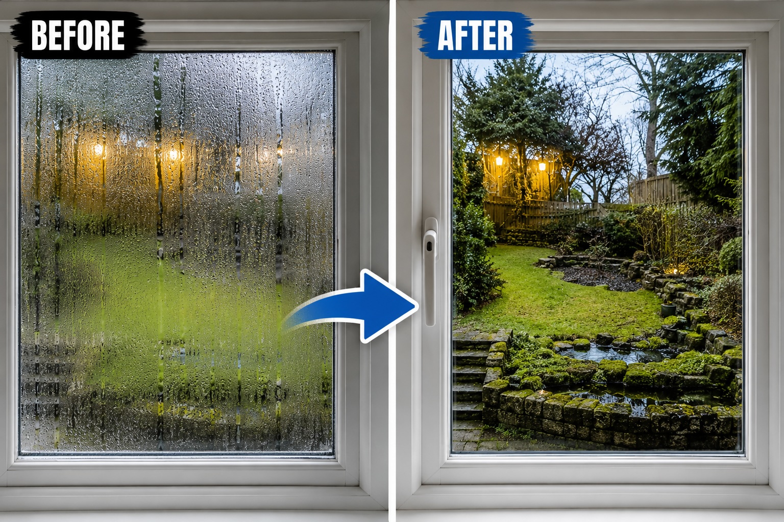 Misted glass repair before and after