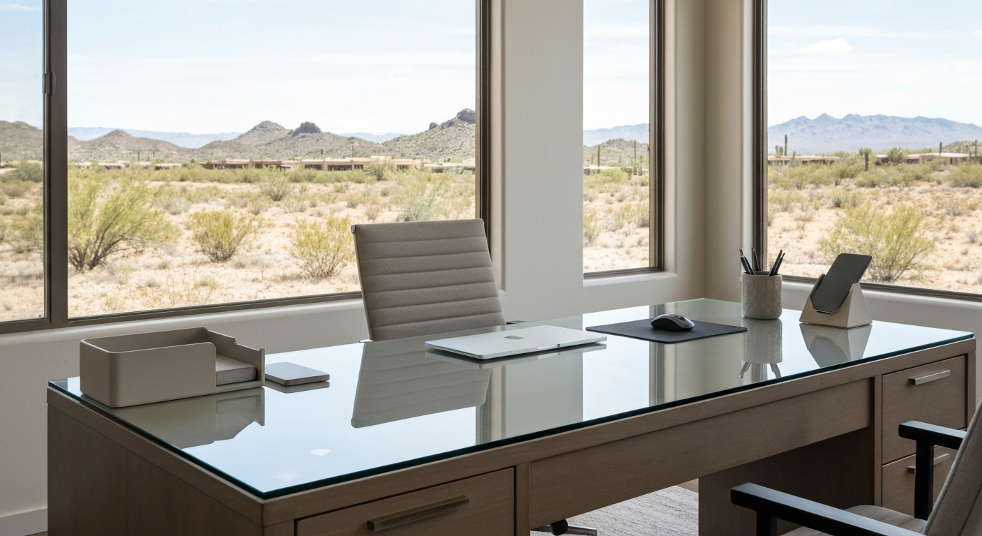 Custom protective glass top on a modern office desk in a bright Tucson home office
