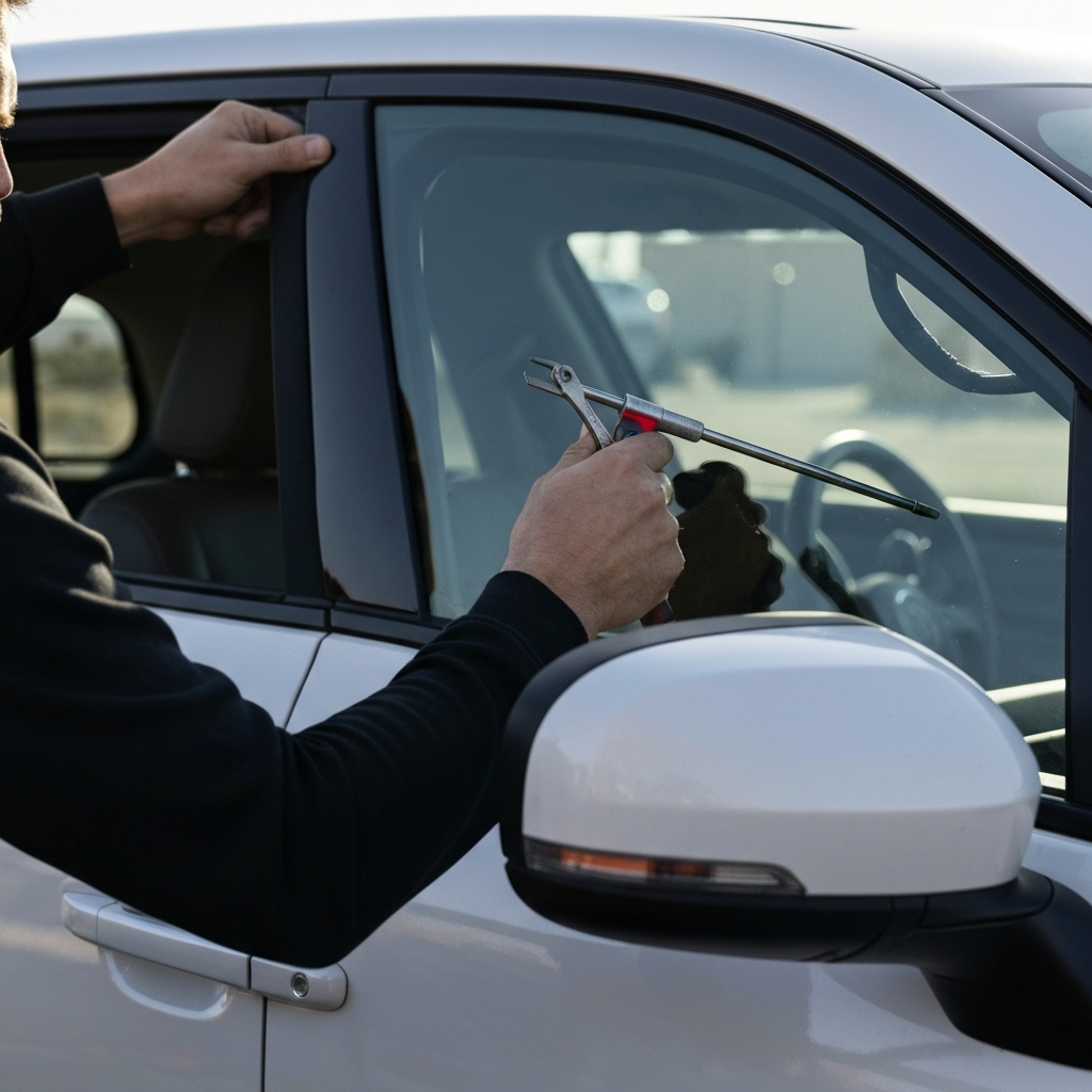 Technician replacing car window glass