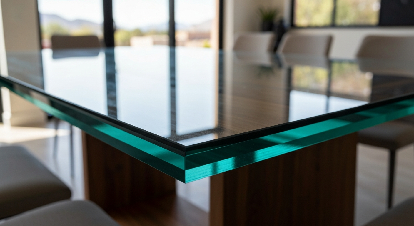 Close up of thick custom glass tabletop edge on modern wood dining table