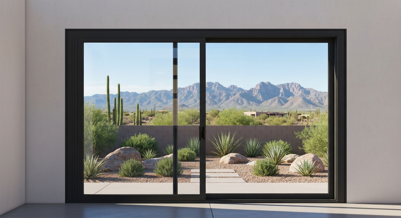 Modern sliding patio glass door overlooking a beautiful Tucson desert backyard