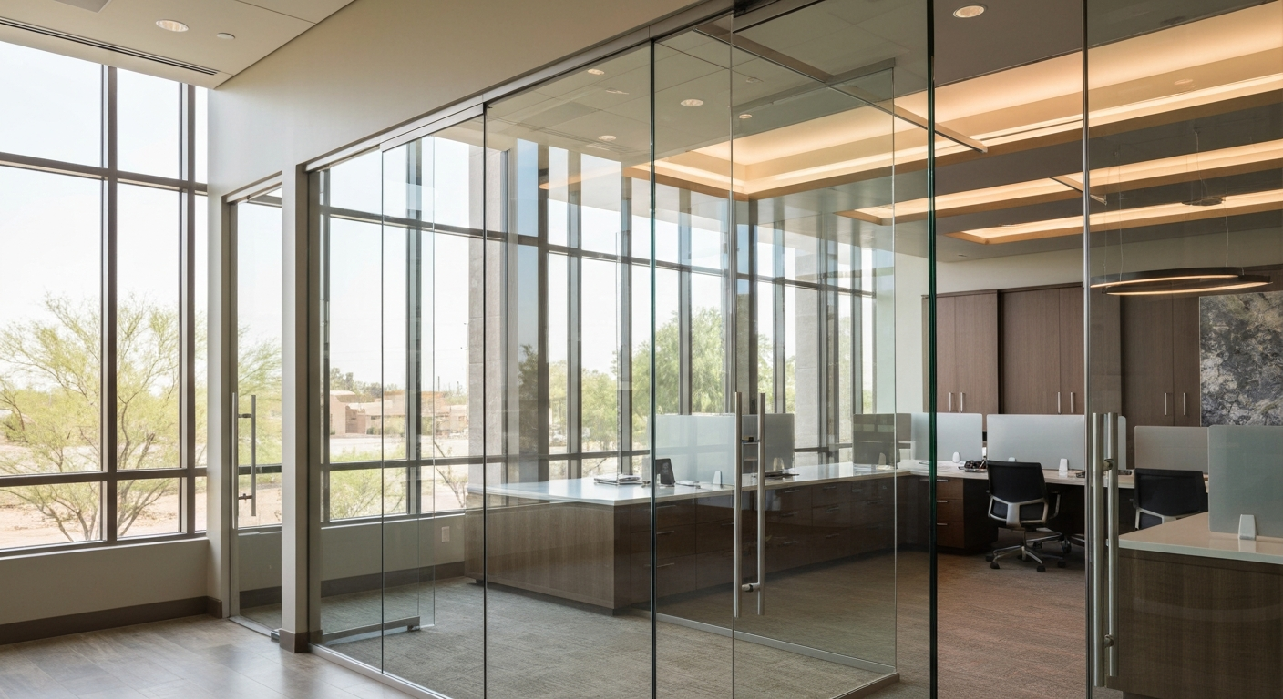 Interior office glass walls and partitions in a contemporary Tucson business setting