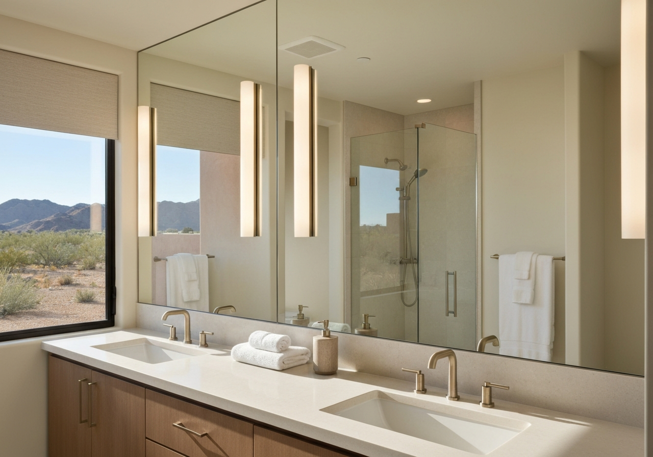 Modern Southwest bathroom with a large custom frameless vanity mirror