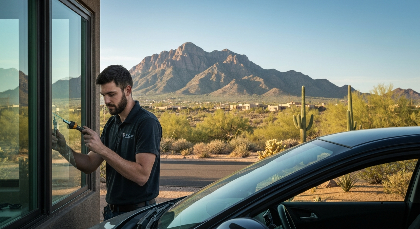 Tucson glass service professional working in the desert