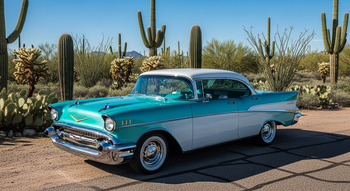 Close up of classic car windshield with chrome detailing in Tucson