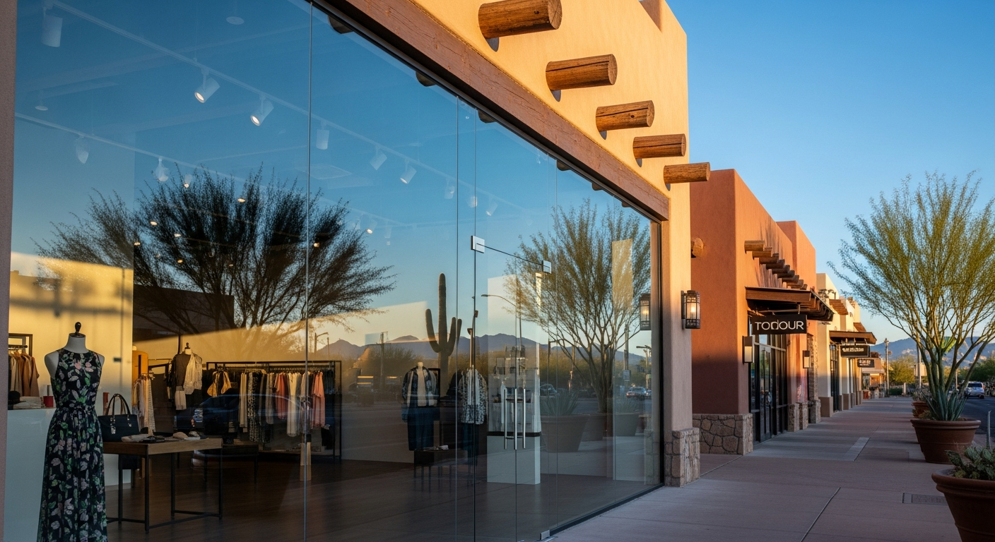 Modern retail storefront glass installation in a Tucson shopping district