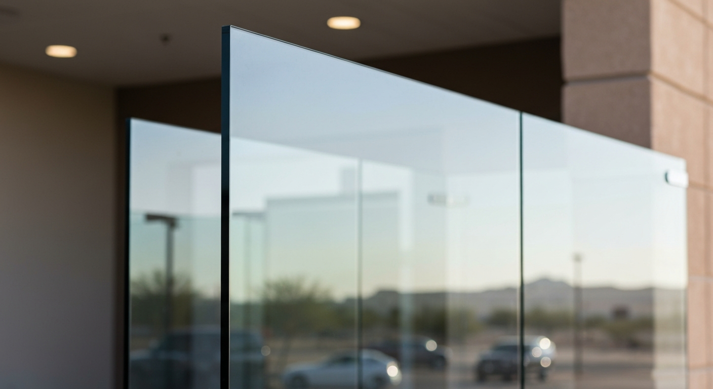Laminated safety glass installation in a commercial building