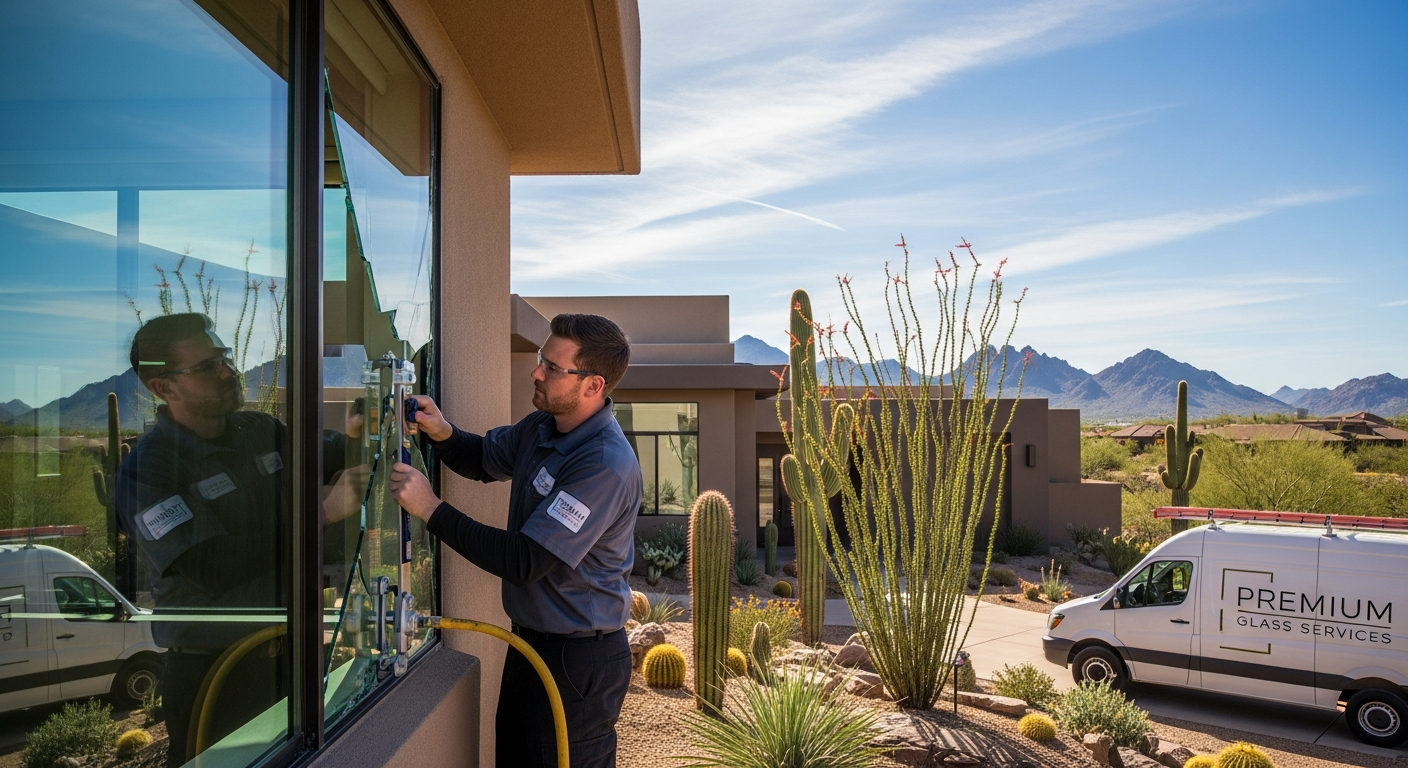 Technician repairing residential window glass on a modern Tucson home
