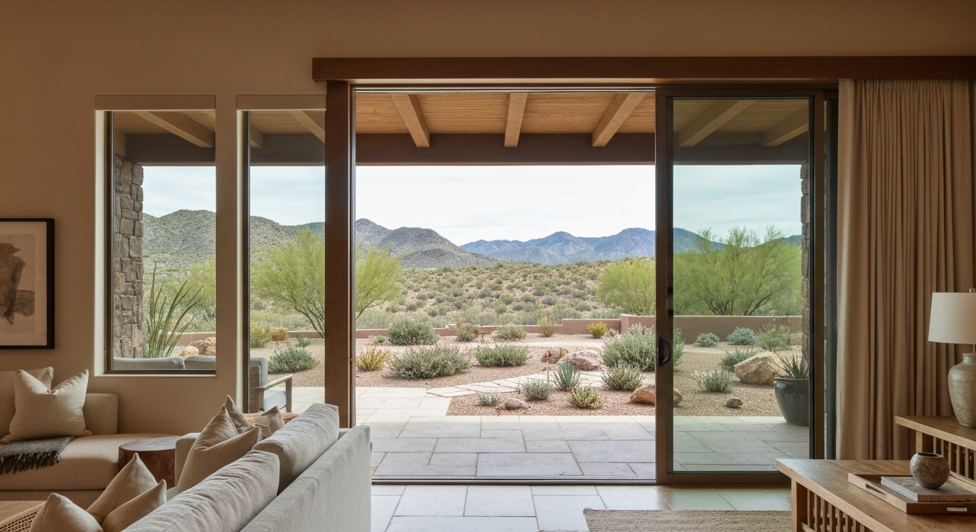 View from inside a modern Tucson living room looking out through pristine sliding patio glass doors