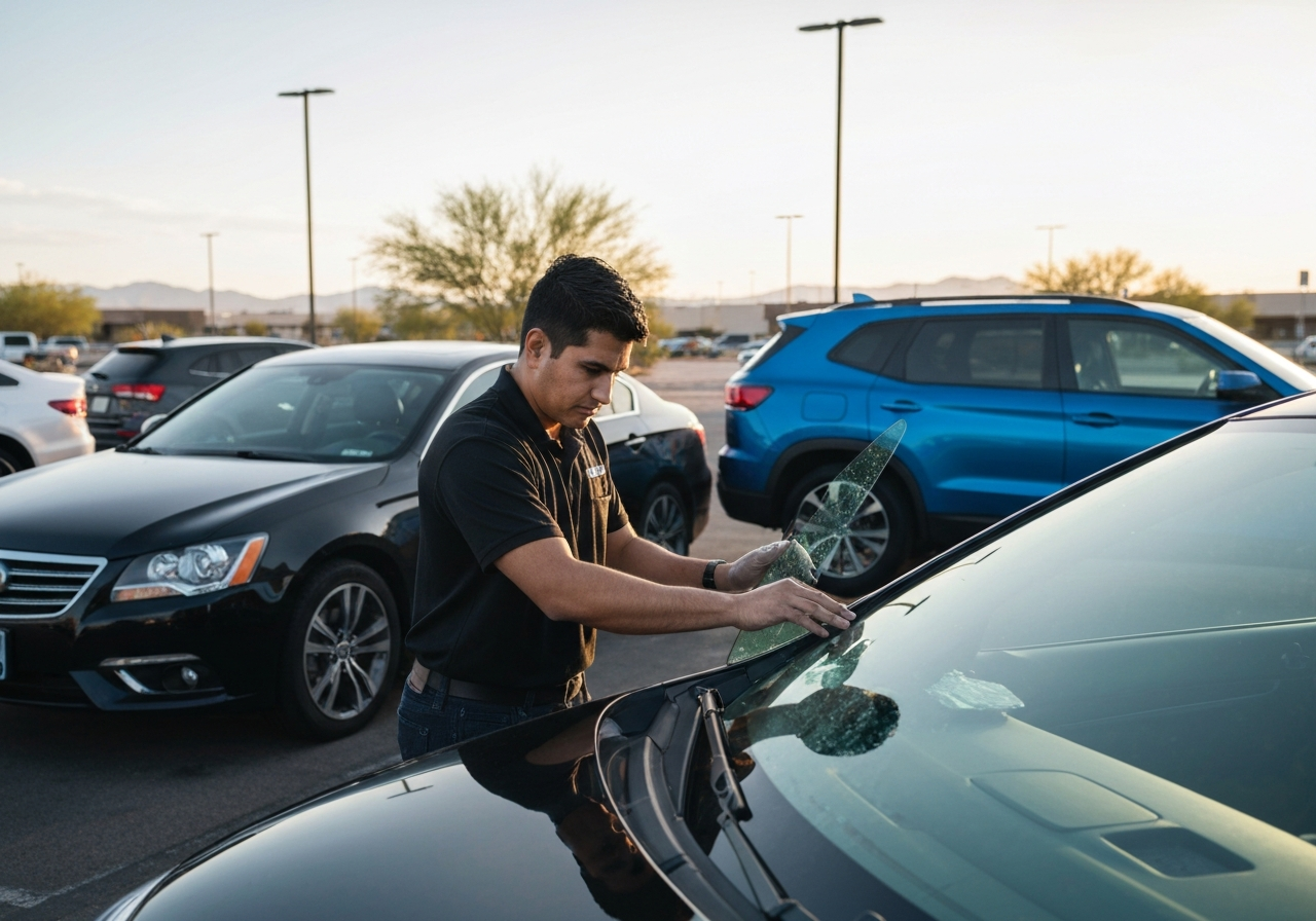 Windshield replacement in Tucson office parking lot