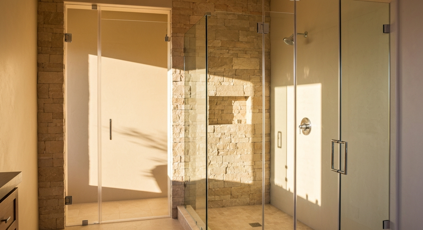 Modern custom shower door installation in a Tucson luxury bathroom