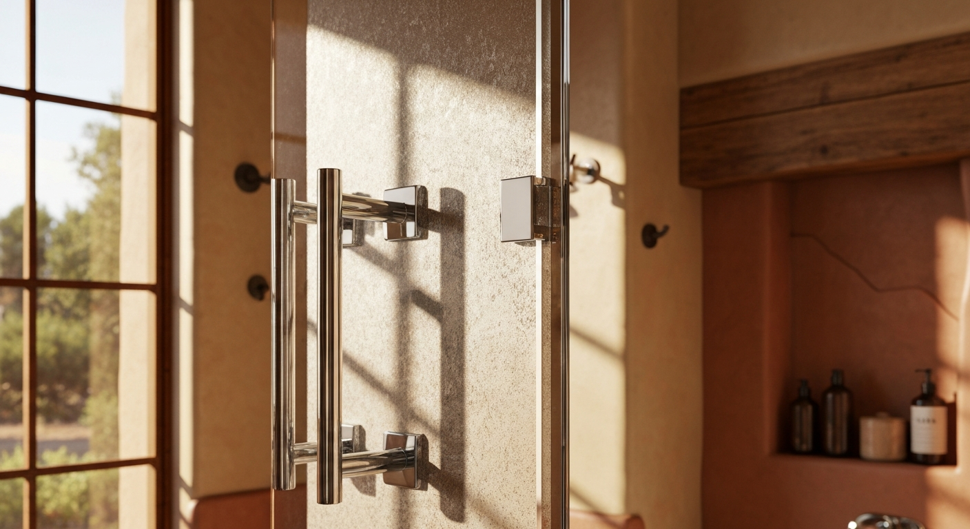 Close-up of premium hinged shower door hardware and thick tempered glass edges