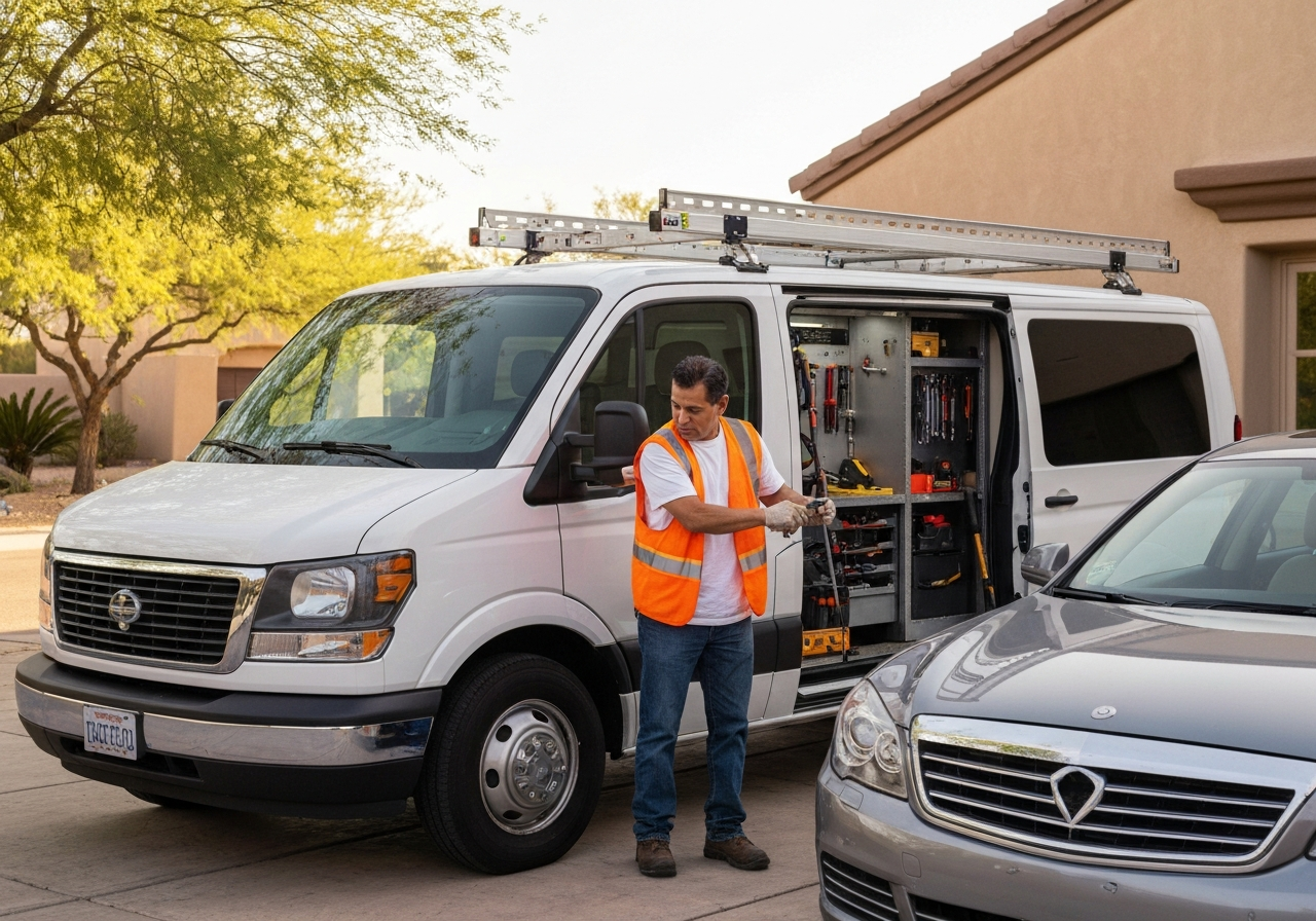Mobile auto glass service van in Tucson driveway