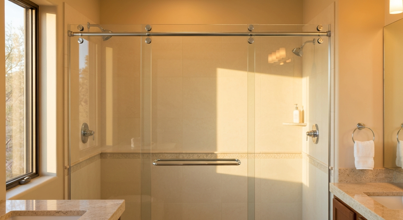 Clean modern sliding shower doors with precision glass edges