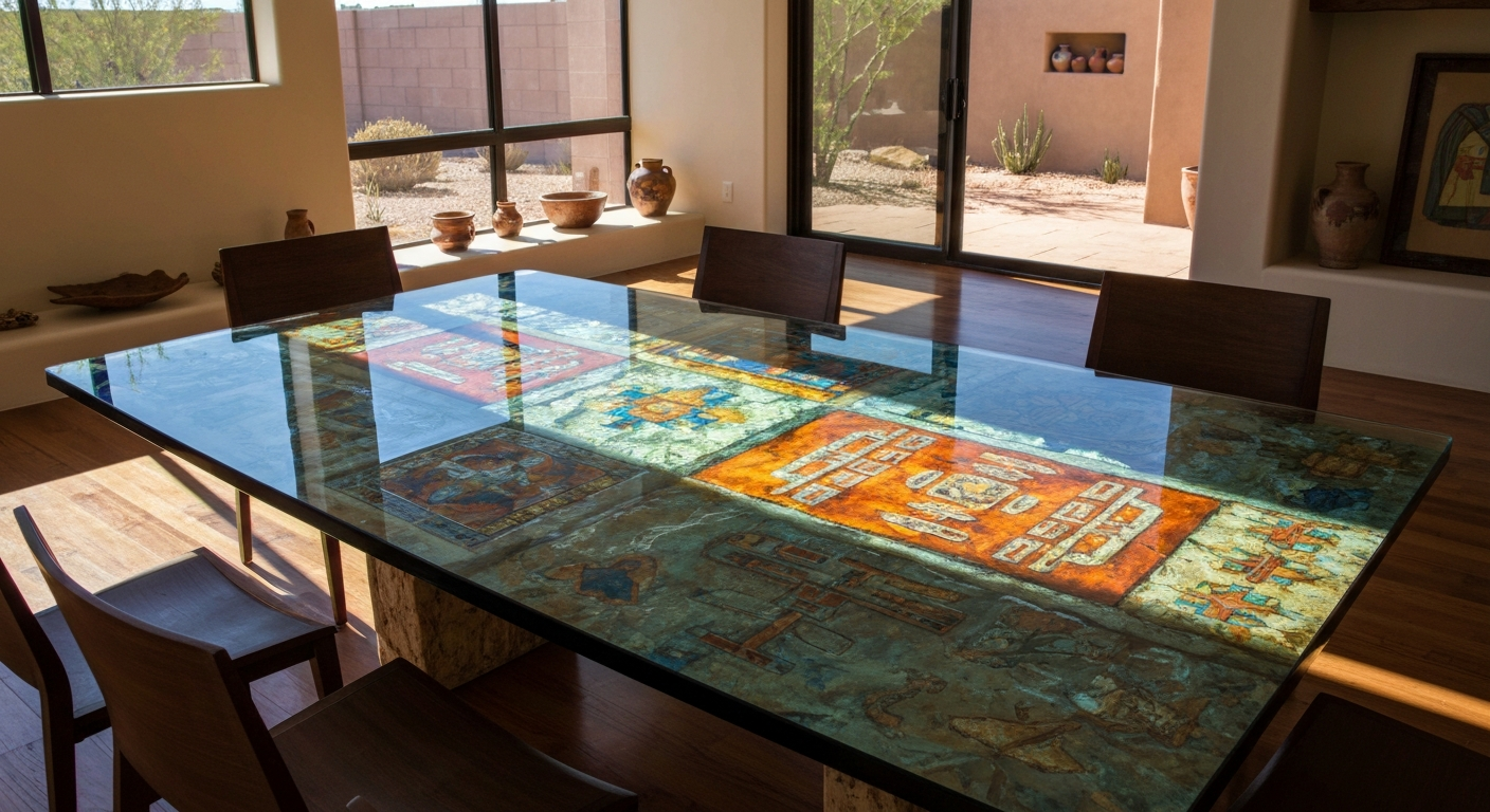 Custom glass tabletop inside a modern Tucson dining room with Southwest design aesthetics