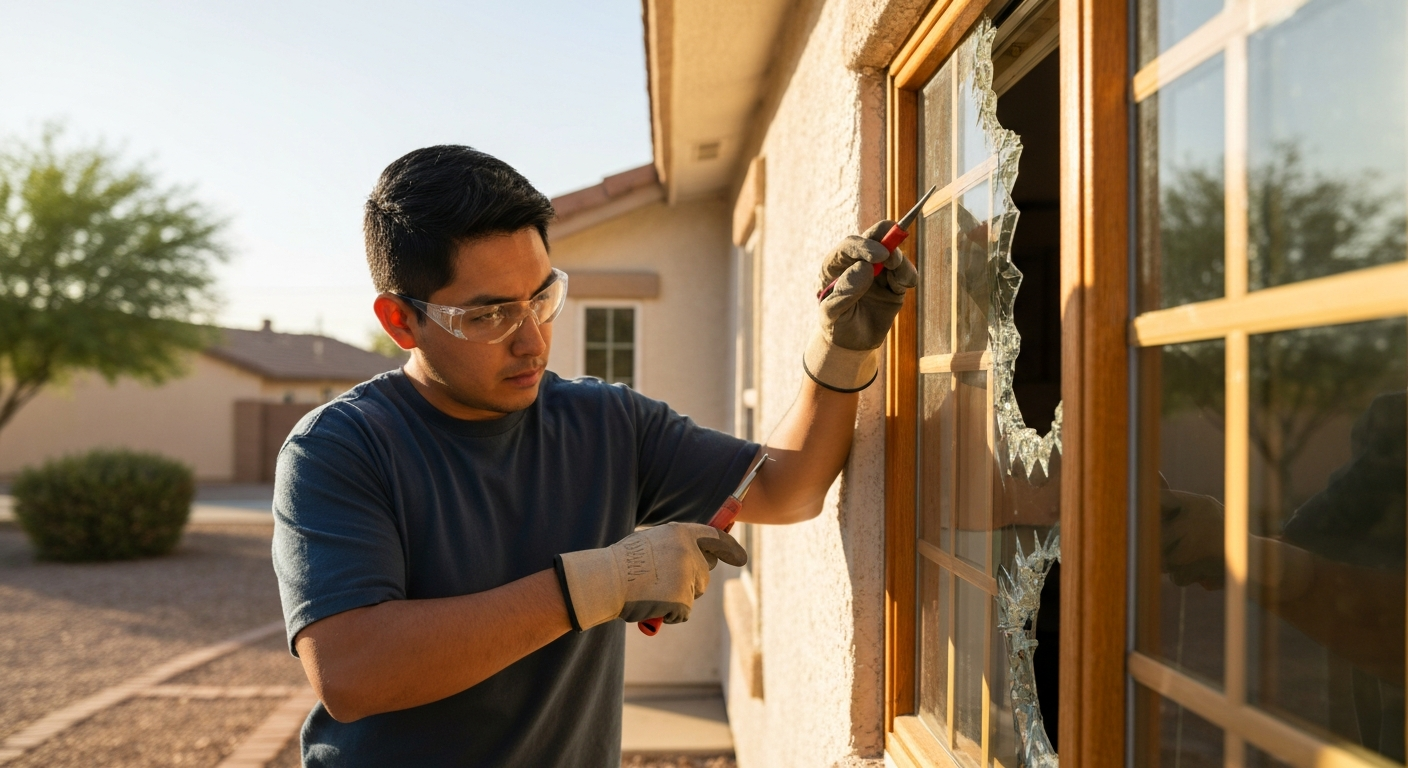 Broken residential home window being inspected by a technician in Tucson