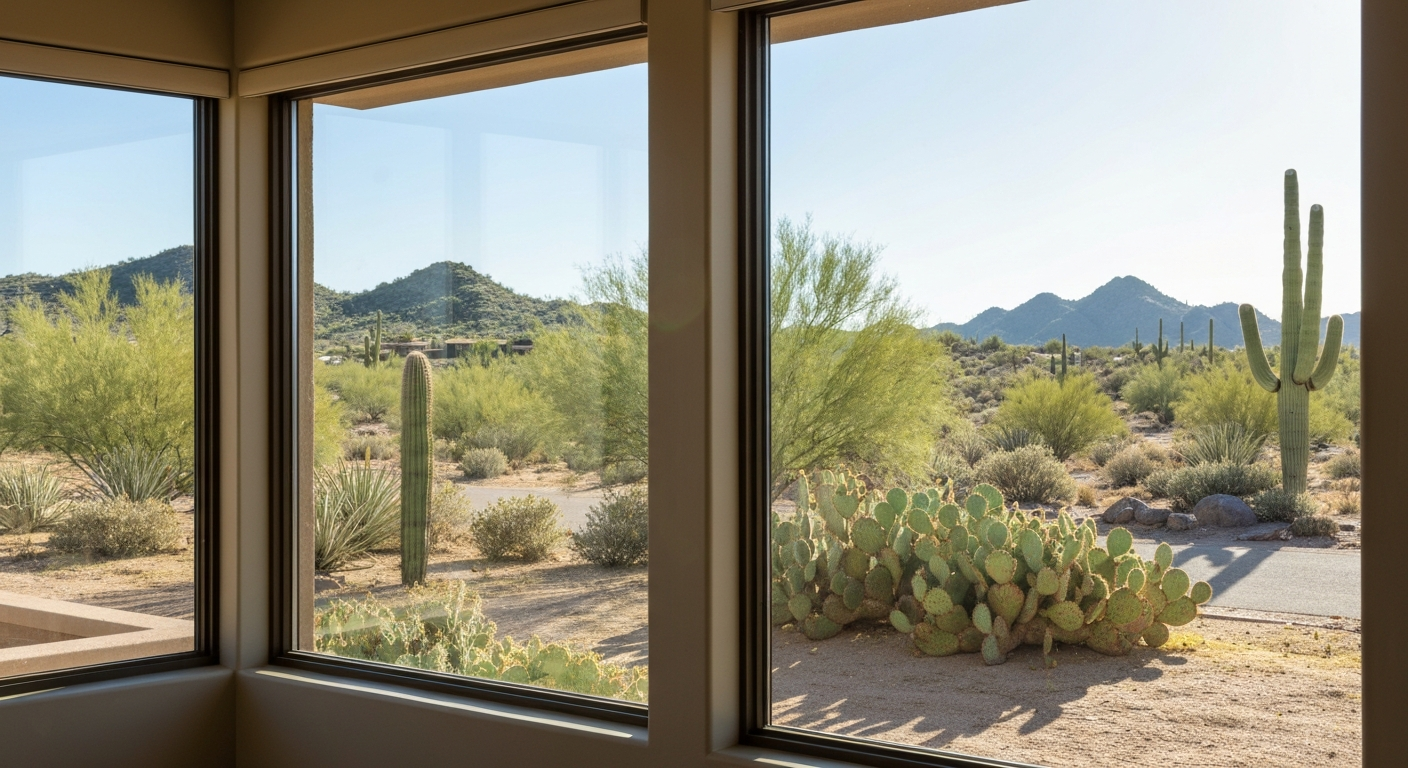 Beautiful energy-efficient modern home windows in a sunny Tucson desert landscape