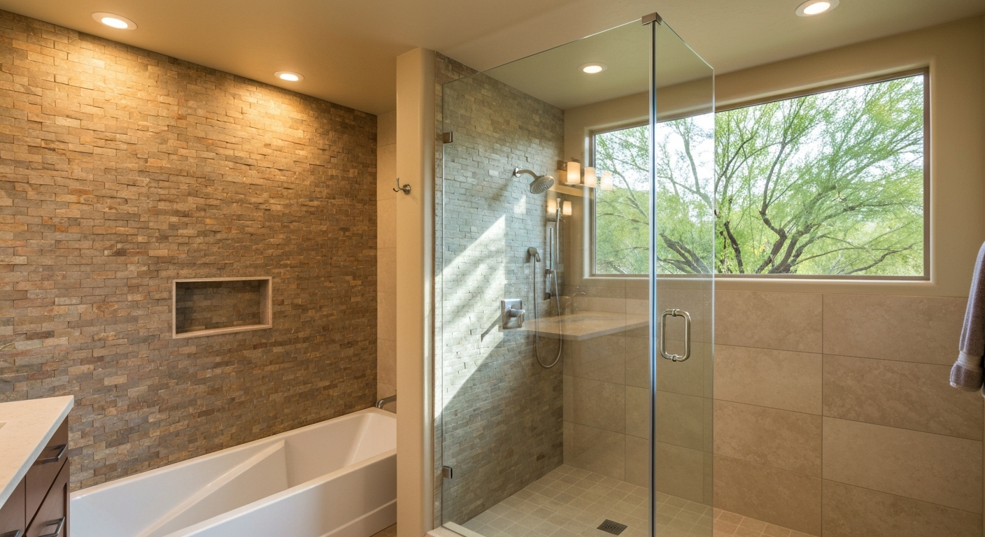 Luxury frameless shower glass installation in a modern Tucson bathroom