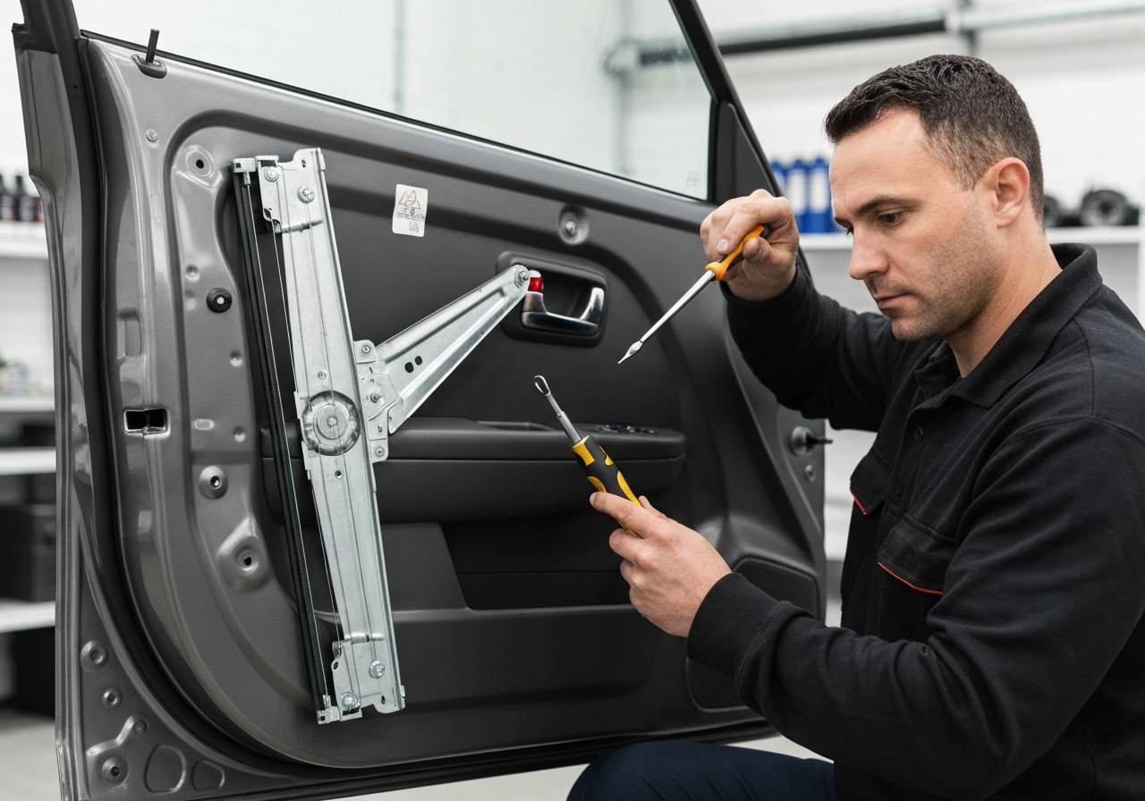 Close up of a car door panel internals and power window regulator mechanism
