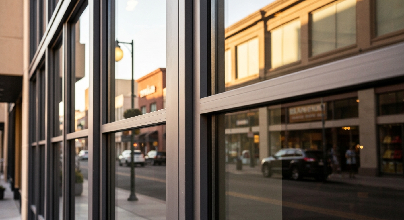 Heavy retail entry glass doors with reflections of Tucson streets