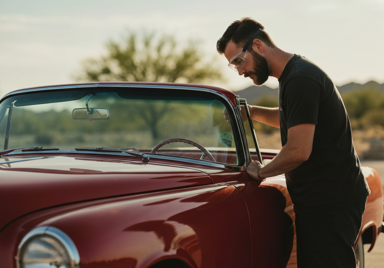 Classic restored vehicle with custom auto glass in Tucson desert
