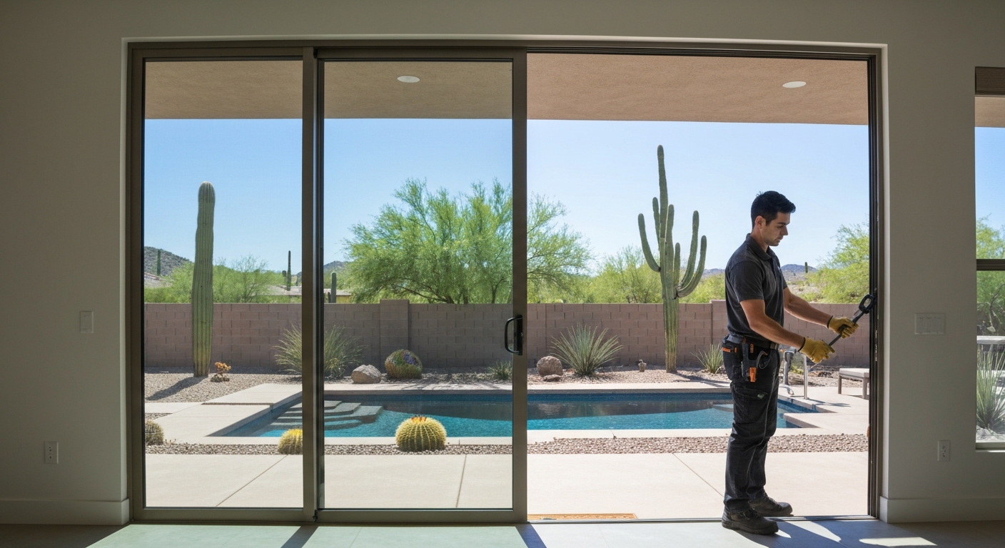 Professional technician replacing sliding patio door glass in a modern Tucson home