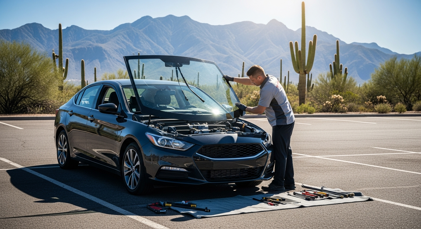 Auto Glass Technician Repairing Windshield