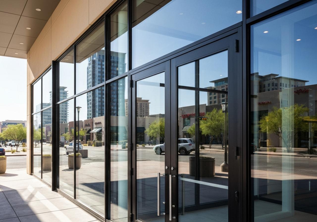 Upscale retail storefront with heavy glass entry doors in an Arizona commercial district