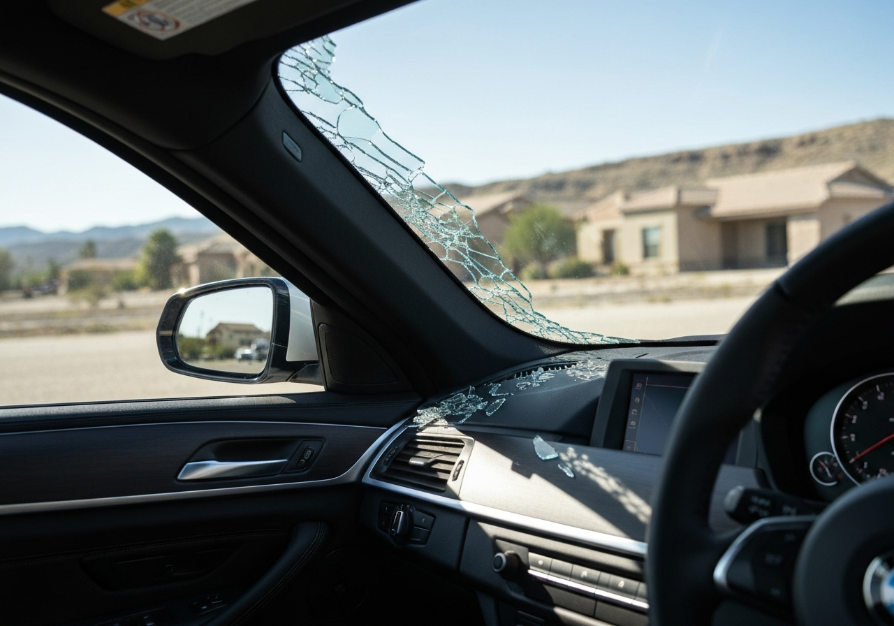 Broken side glass cleanup inside a clean modern automotive interior