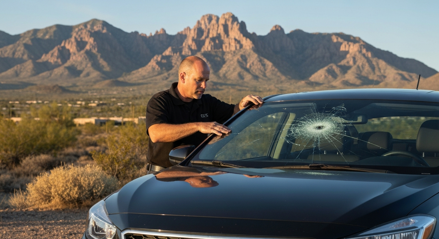 Technician Evaluating Cracked Windshield in Tucson