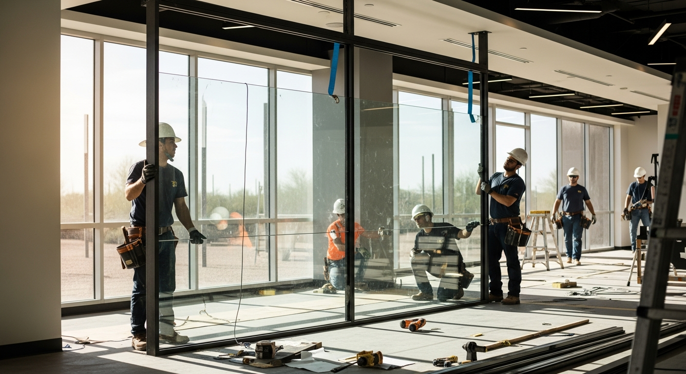 Thick tempered safety glass panels in a secure commercial environment