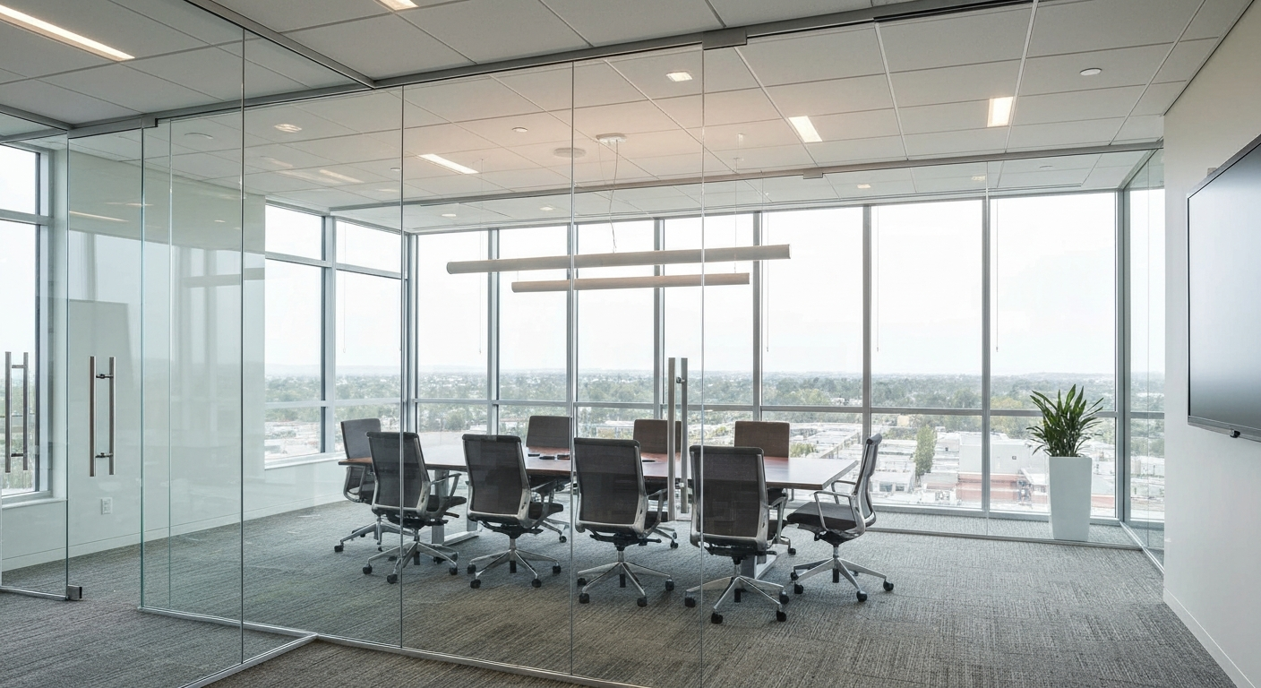 Conference room with modern frameless glass walls in a professional office