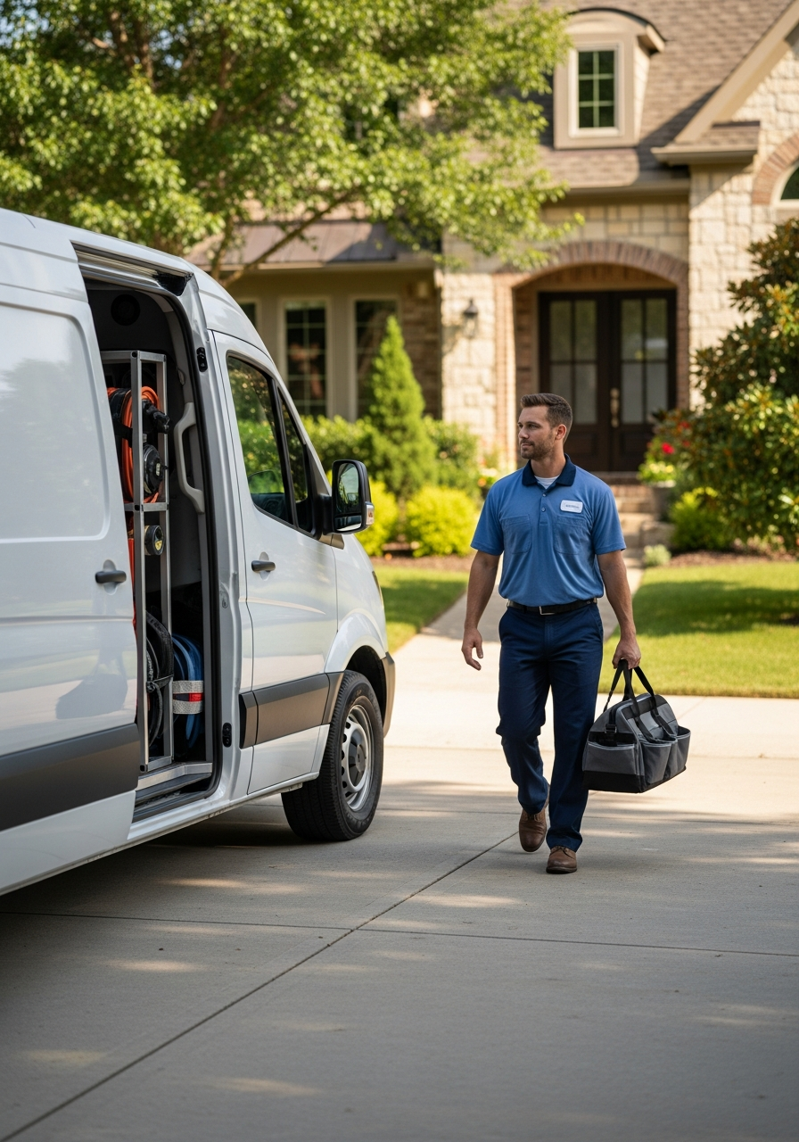 Professional service technician arriving at a residential job site