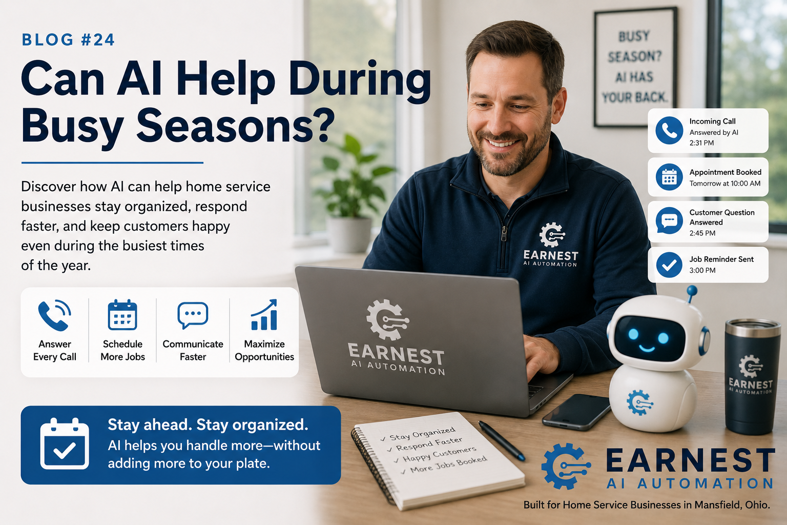 Home service business owner using AI to manage calls, scheduling, and customer communication during a busy season