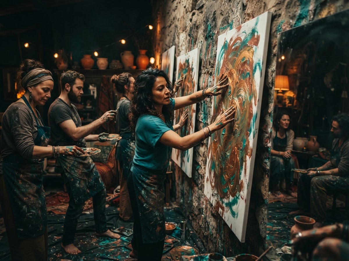 Vibrant expressive arts group therapy session with bold colorful paint