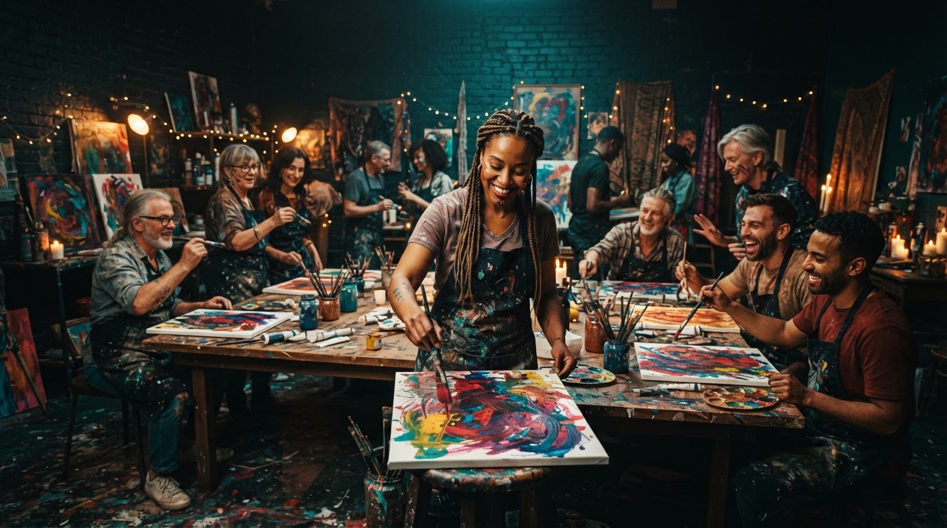 Lively expressive arts workshop with a group creating art together