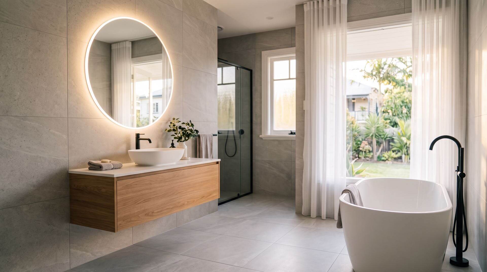 Modern Sydney bathroom with backlit LED mirror, wall-hung timber vanity, freestanding bath and matte black tapware