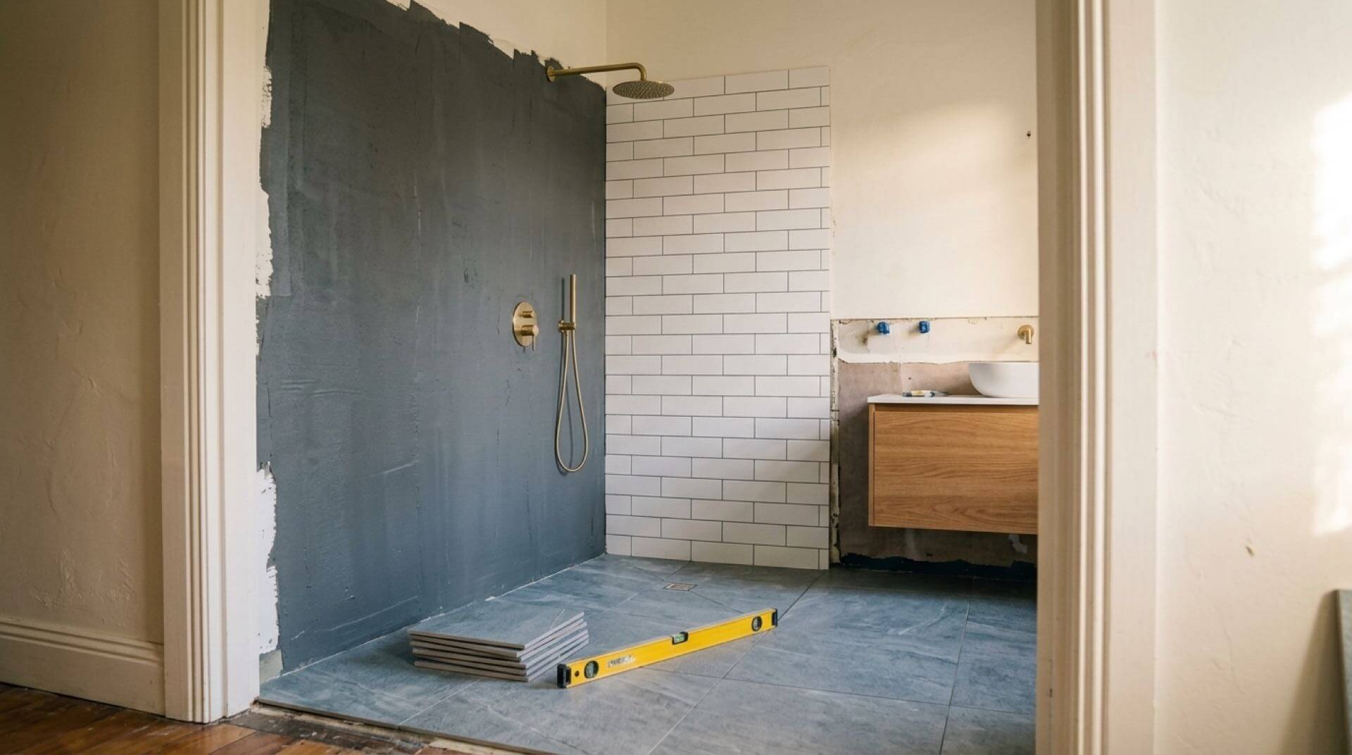 Sydney bathroom renovation in progress showing AS 3740 compliant wet area waterproofing membrane, subway wall tiles, brass shower head, and timber vanity installation