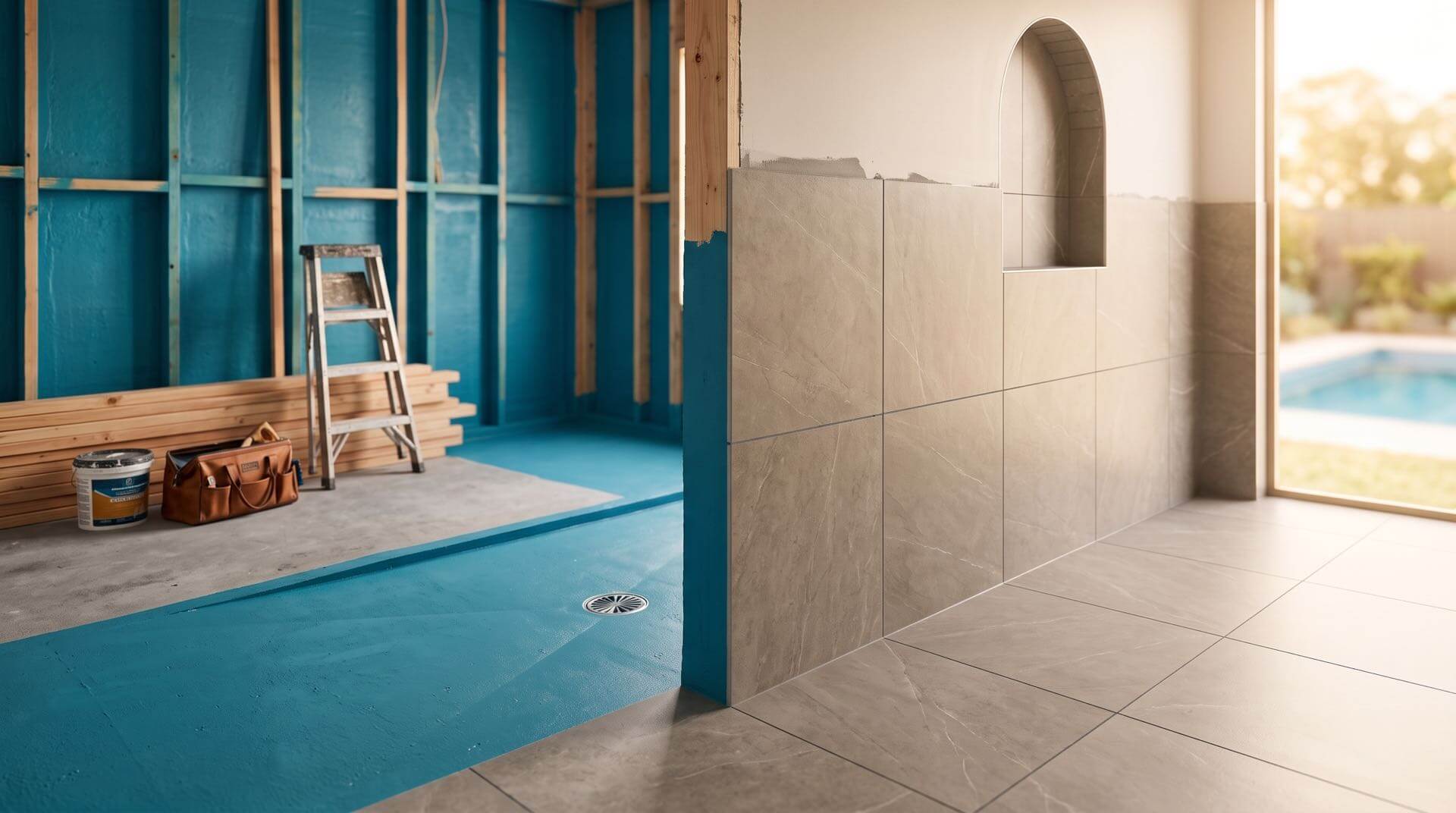 Sydney bathroom renovation in progress featuring blue waterproof membrane substrate, floor screed fall to waste drain, timber stud framing, and large-format porcelain wall and floor tiles