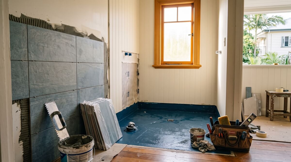 Renovated bathroom in a Sydney home with freestanding bath and timber-look tiling