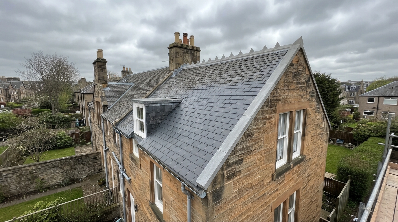 Slate Roof Repair – Marchmont - Replaced slipped and cracked slates on a Victorian tenement and restored the ridge tiles to prevent water ingress. in Edinburgh by Alpha Roofing & Building