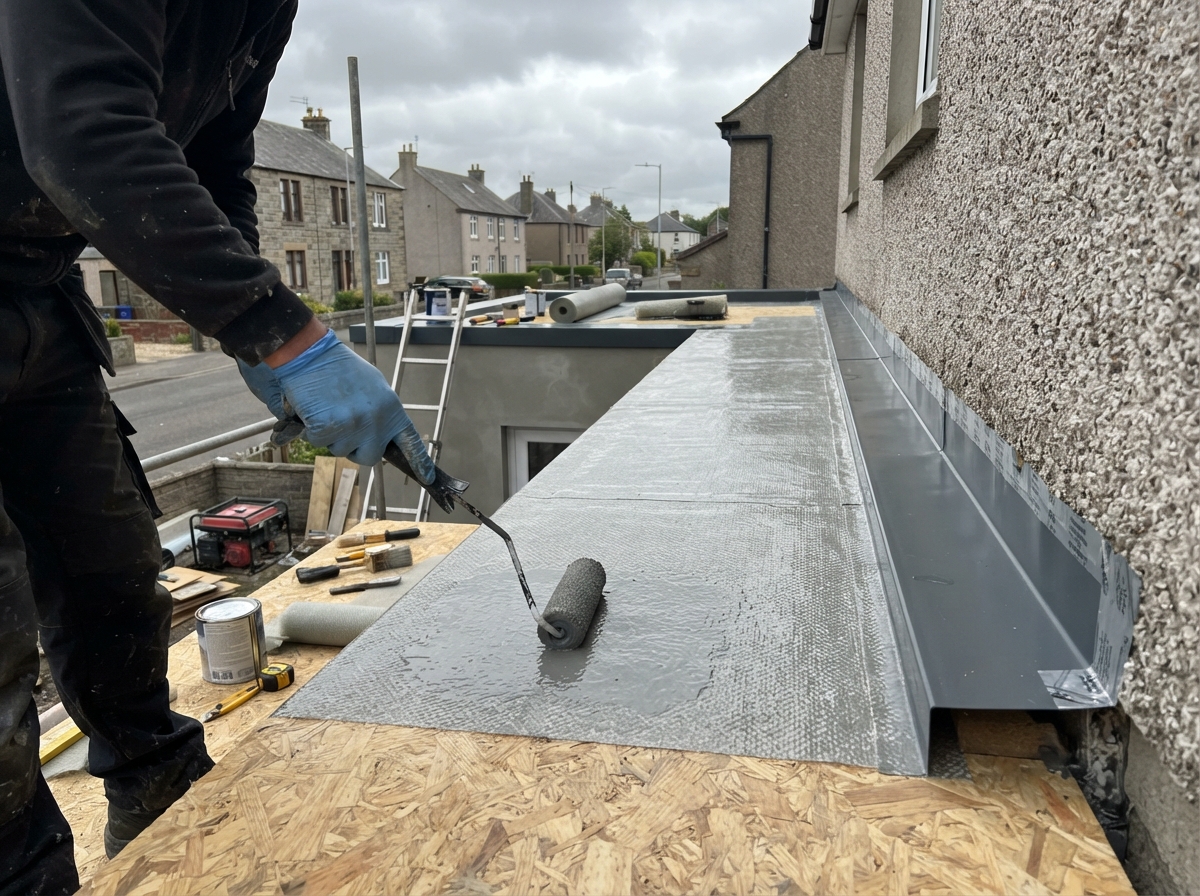 Flat Roof Installation – Denny - Installed a GRP fibreglass flat roof on a home extension for a durable, weatherproof finish. in Falkirk by Alpha Roofing & Building