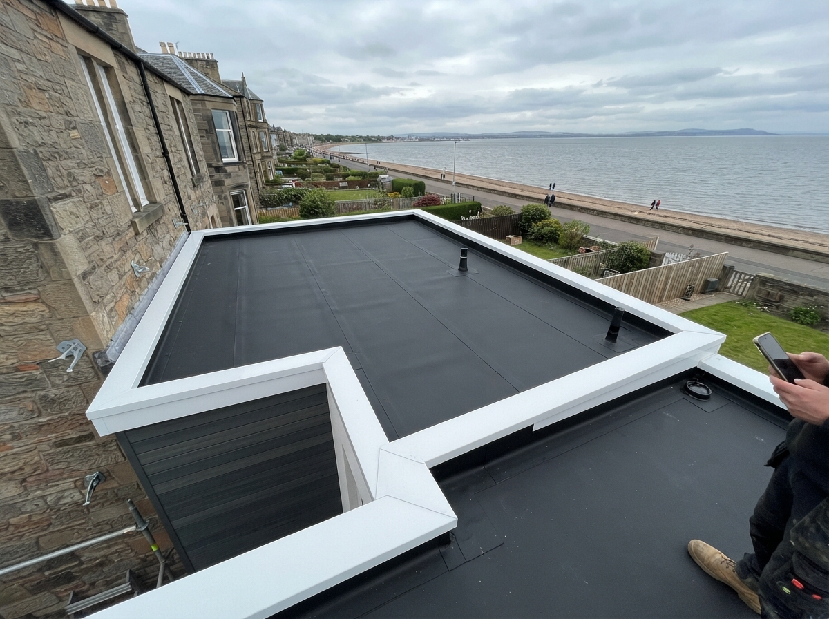 Flat Roof Replacement – Portobello - Installed a high-performance EPDM flat roof system on a coastal property to withstand harsh weather exposure. in Edinburgh by Alpha Roofing & Building