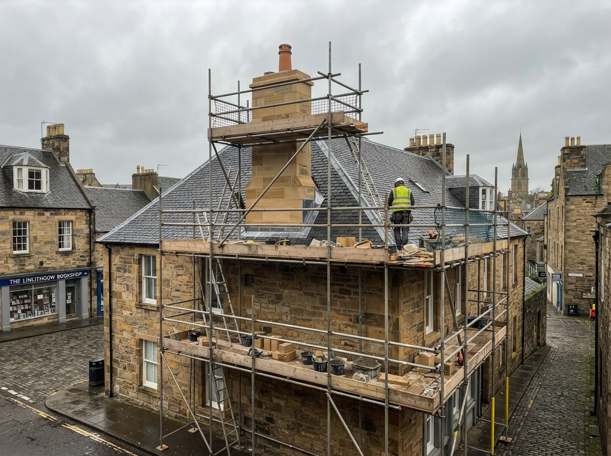 Chimney Rebuild – Linlithgow - Rebuilt a crumbling chimney stack on a period property and installed new lead flashing. in West Lothian by Alpha Roofing & Building