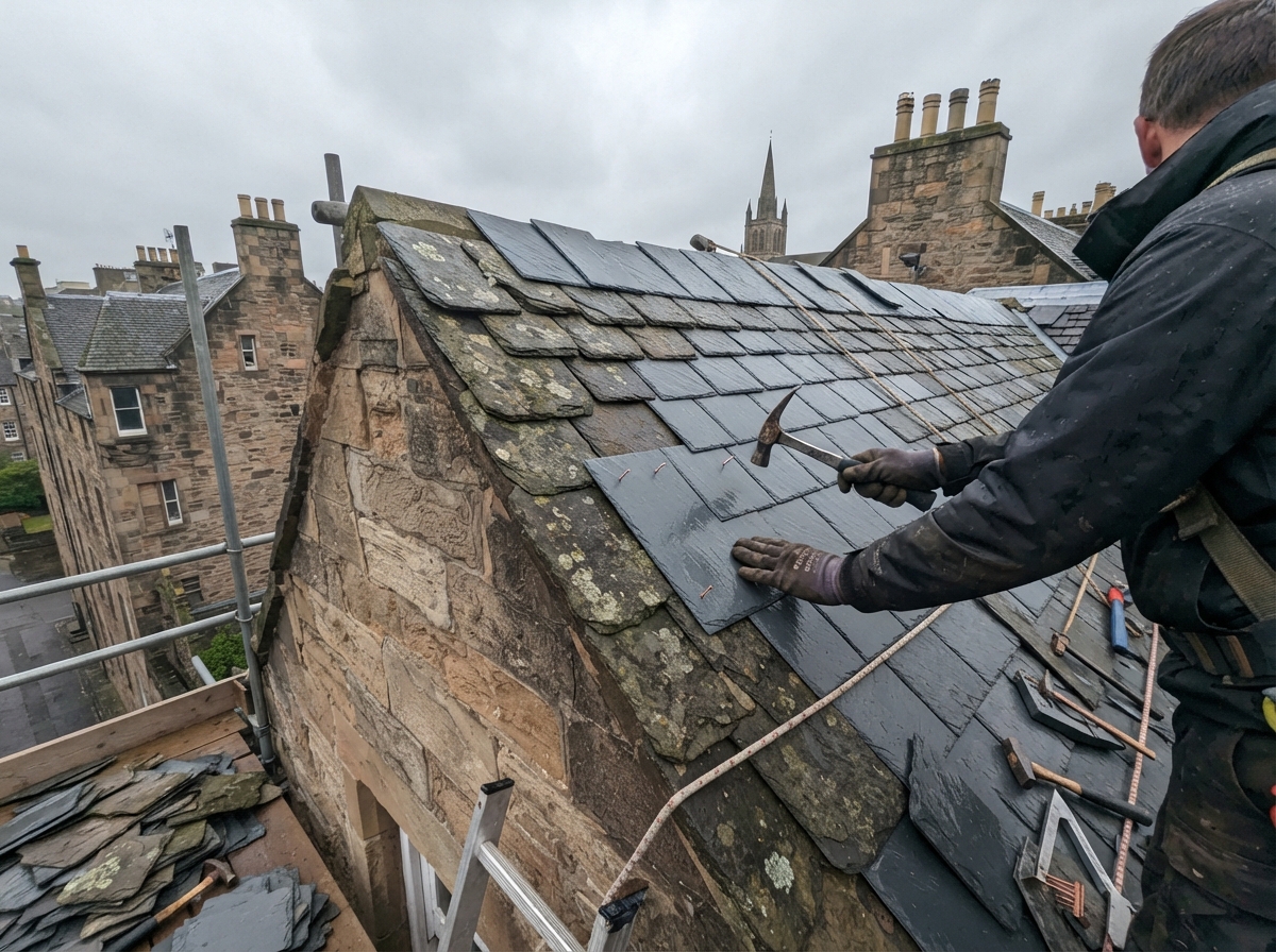 Slate Roof Repair – Haddington - Replaced damaged slates and re-pointed ridge tiles on a historic property in the town centre. in East Lothian by Alpha Roofing & Building