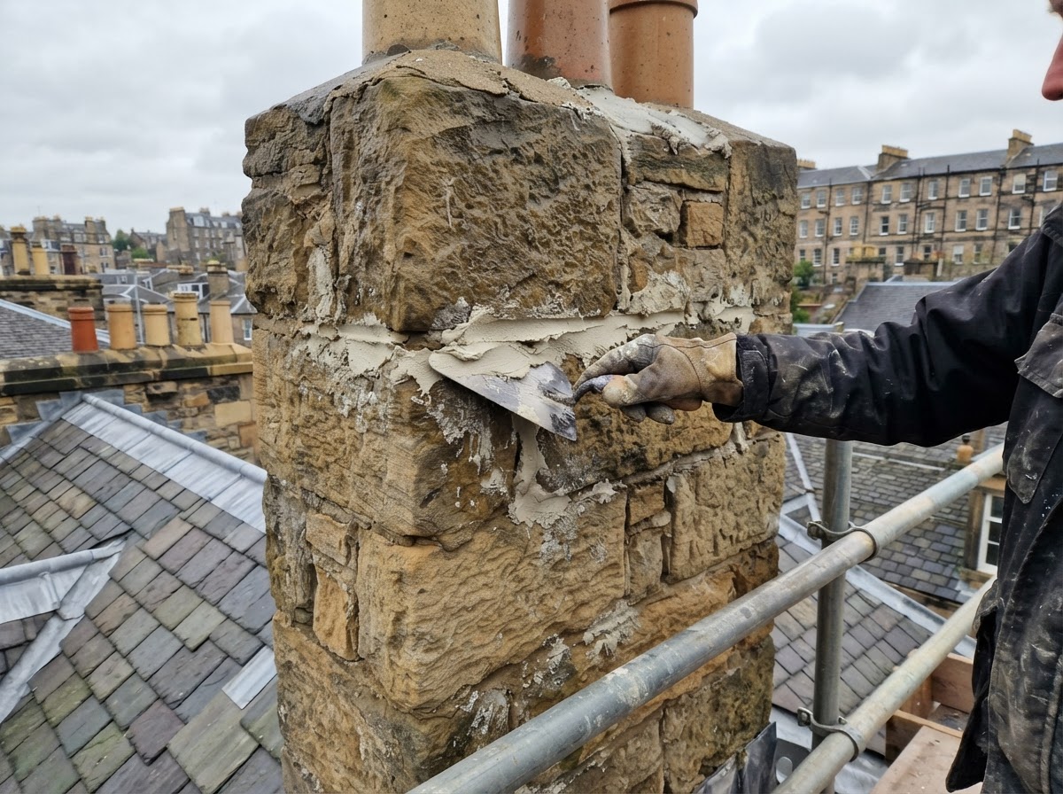 Chimney Repointing – Morningside - Repointed a weathered chimney stack and replaced damaged flashing to eliminate a persistent leak. in Edinburgh by Alpha Roofing & Building