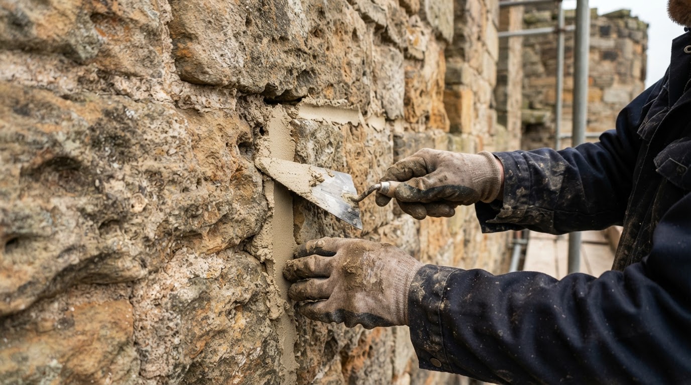 Stone Masonry Restoration – Stirling - Restored weathered sandstone and repointed with lime mortar on a historic property. in Stirling by Alpha Roofing & Building