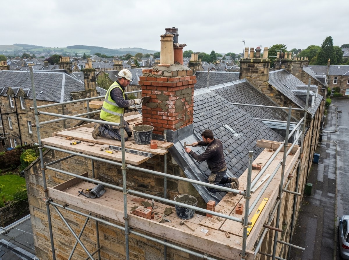 Chimney Repair – Dalkeith - Rebuilt a damaged chimney stack and installed new flashing to prevent water penetration. in Midlothian by Alpha Roofing & Building